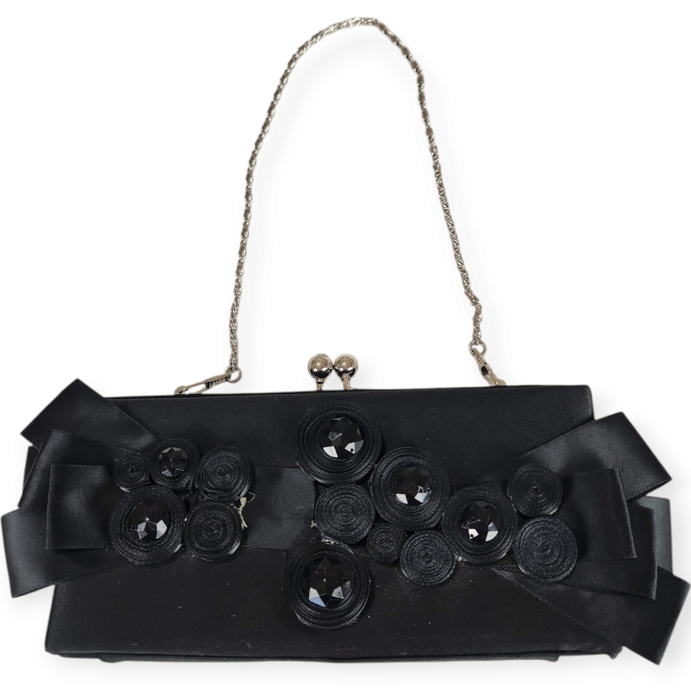 Elegant Black Evening Clutch with Jewel & Ribbon Accents